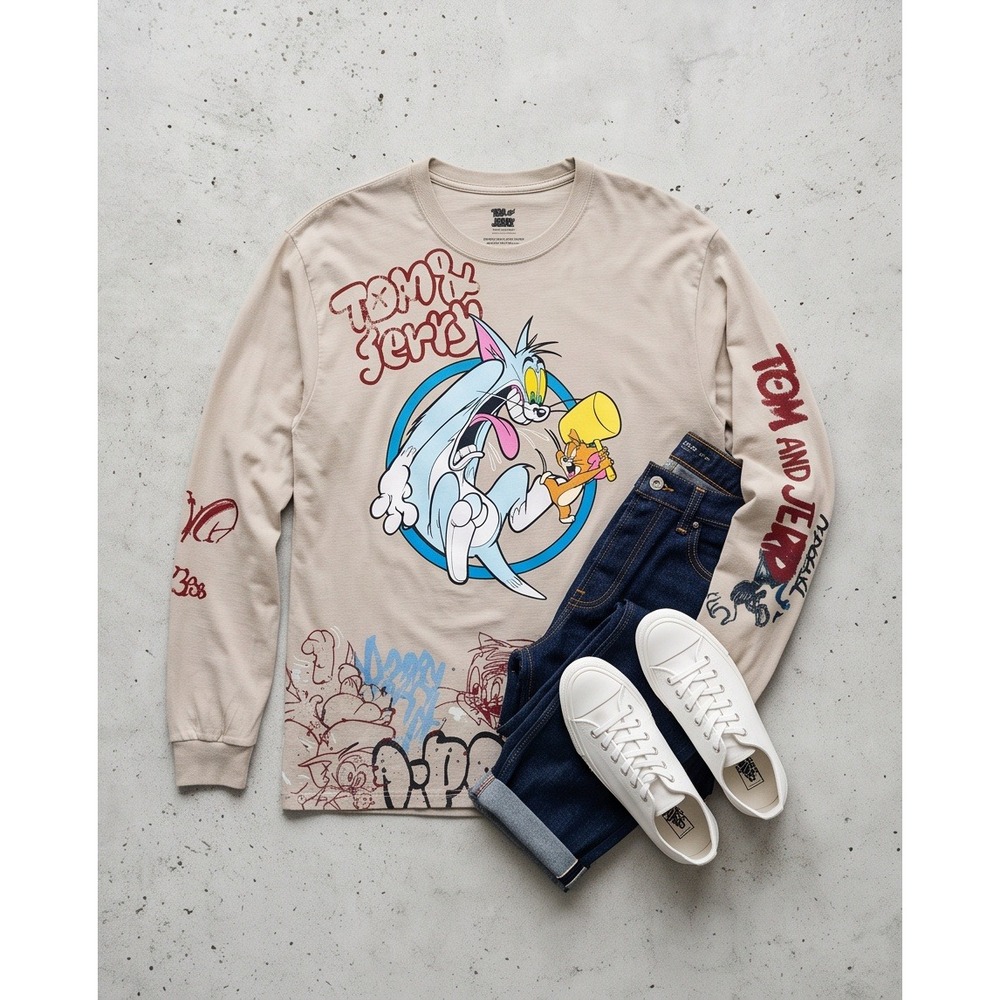 Tom and Jerry Mens 2XL Beige Long Sleeve Graphic T-Shirt Cartoon Graffiti - Picture 10 of 10